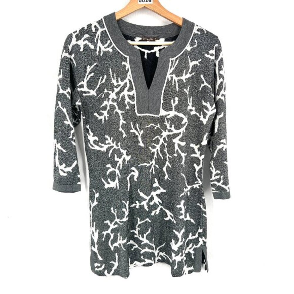 J. McLaughlin metallic tunic sweater Scandinavian twig design stretch silver S